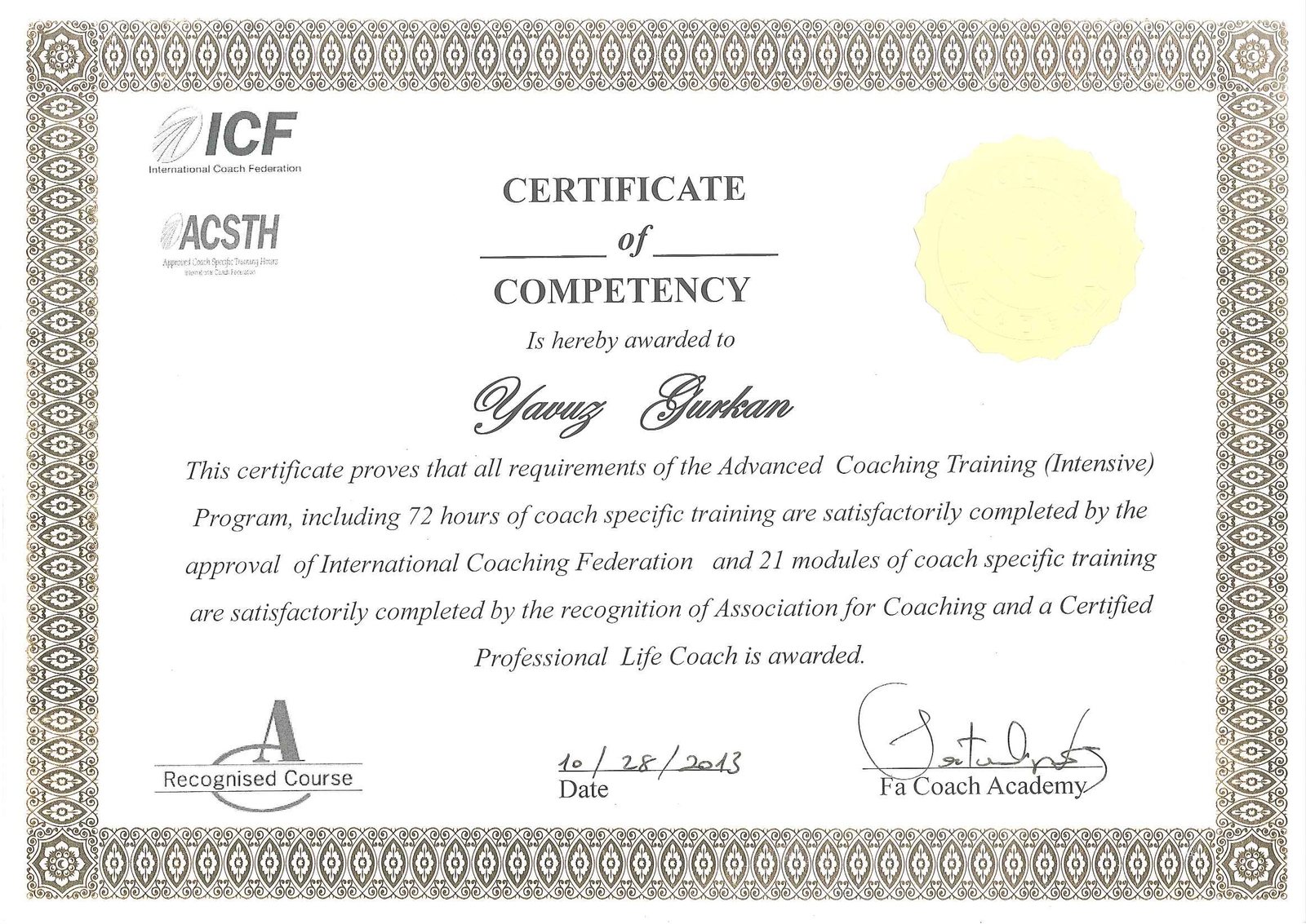 Fa Coach Academy koçluk yetkinlik sertifikası