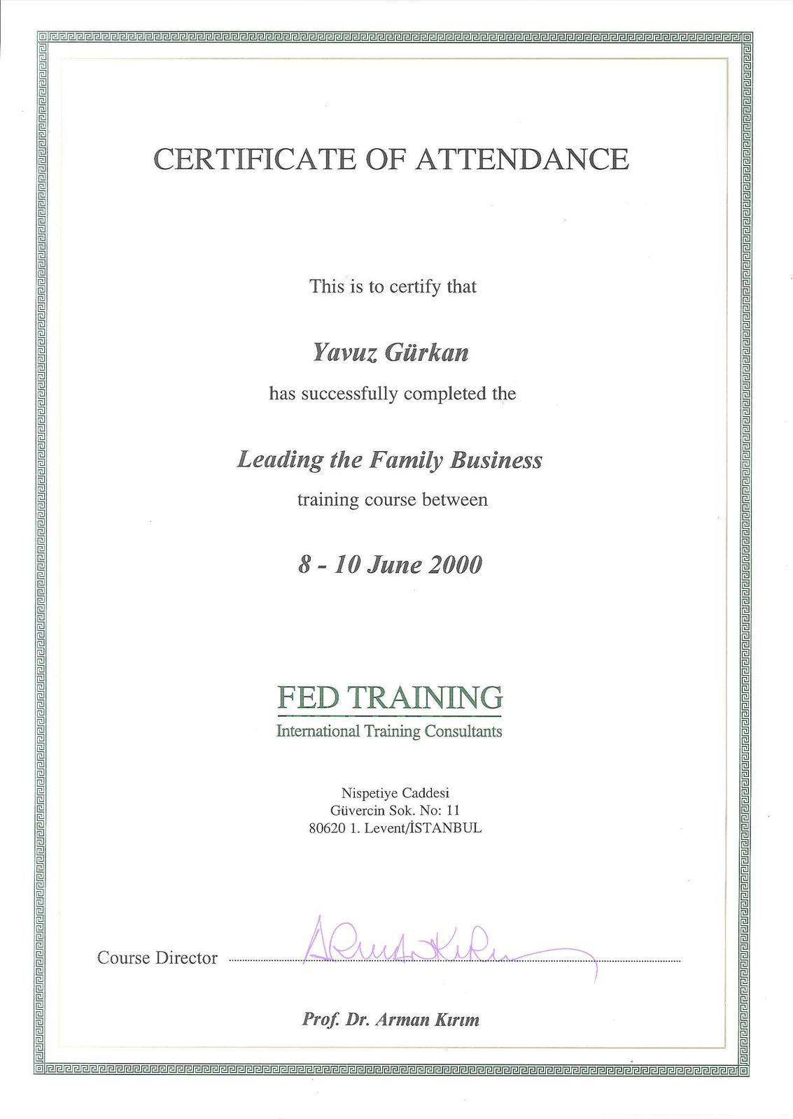 FED Training Leading the Family Business katılım sertifikası