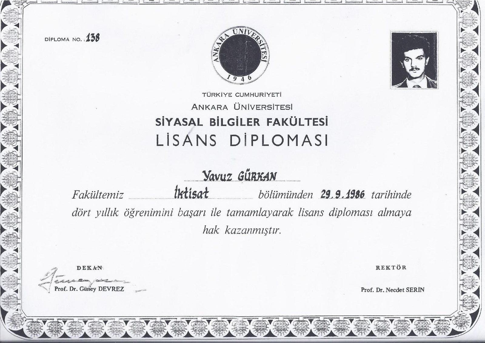 Ankara Üniversitesi Siyasal Bilgiler Fakültesi iktisat lisans diploması