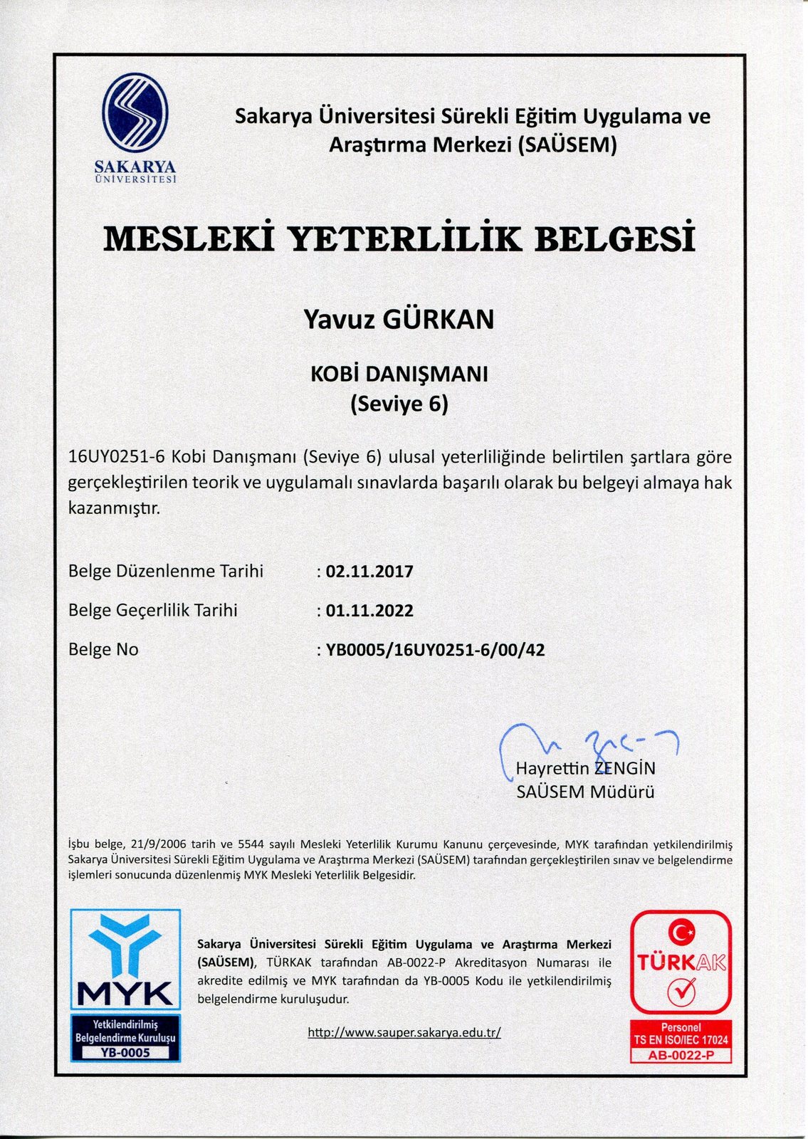 MYK mesleki yeterlilik belgesi, KOBİ Danışmanı Seviye 6